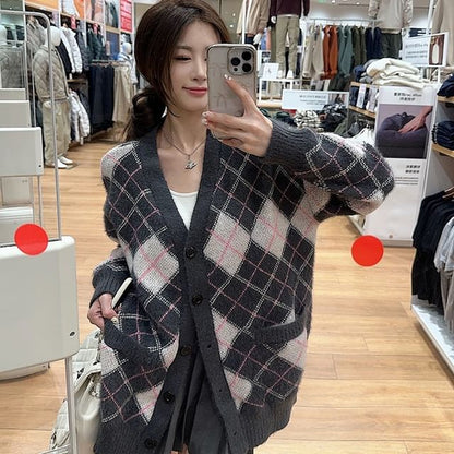 V-Neck Argyle Oversized Cardigan