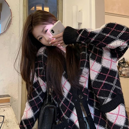 V-Neck Argyle Oversized Cardigan