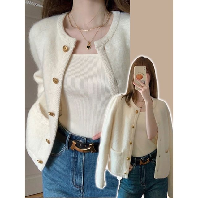 Round Neck Button-Up Cardigan / Square Neck Tank Top