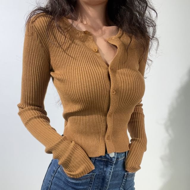 Round Neck Plain Ribbed Cardigan