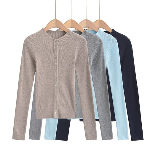 Crew Neck Plain Button Down Knitted Cardigan