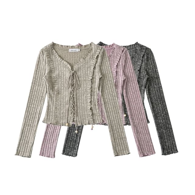 Extended Sleeve V-Cut Ribbed Lace-Up Fitted Blouse