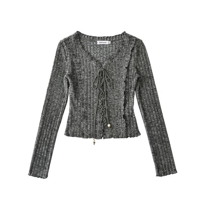 Extended Sleeve V-Cut Ribbed Lace-Up Fitted Blouse