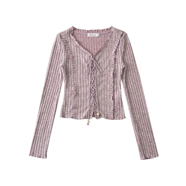 Extended Sleeve V-Cut Ribbed Lace-Up Fitted Blouse
