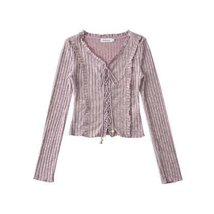 Extended Sleeve V-Cut Ribbed Lace-Up Fitted Blouse