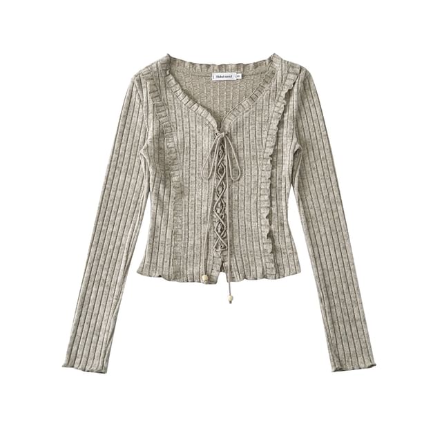 Extended Sleeve V-Cut Ribbed Lace-Up Fitted Blouse