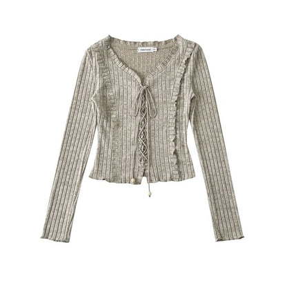 Extended Sleeve V-Cut Ribbed Lace-Up Fitted Blouse
