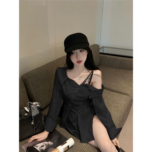Cold Shoulder Lace Trim Ruffle Hem Shirt