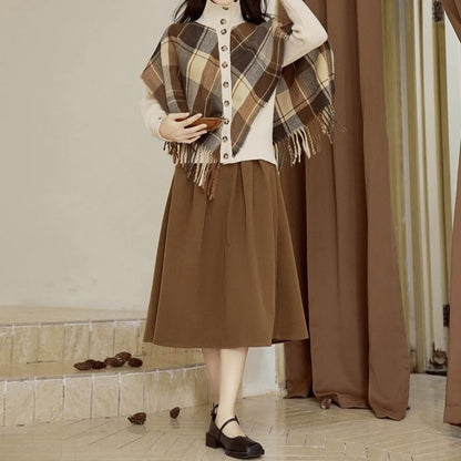 Mock Two-Piece Turtleneck Plaid Knit Top & Midi A-Line Skirt Set