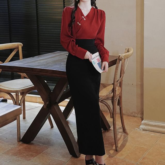 V-Neck Frog Button Blouse & High Rise Midi Pencil Skirt Set