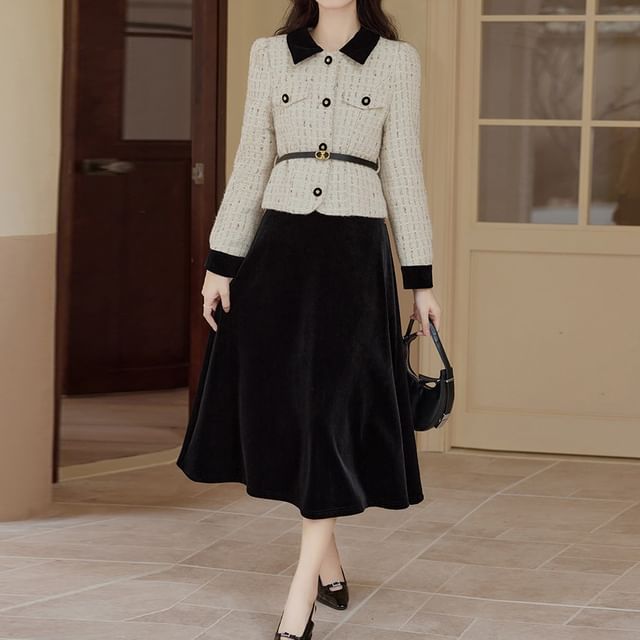 Collar Two-Tone Tweed Jacket & High Rise Velvet Midi A-Line Skirt Set