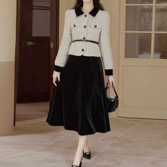 Collar Two-Tone Tweed Jacket & High Rise Velvet Midi A-Line Skirt Set