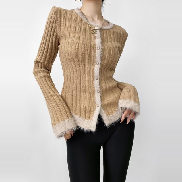 Fluffy Trim Round Neck Button Up Cropped Cardigan