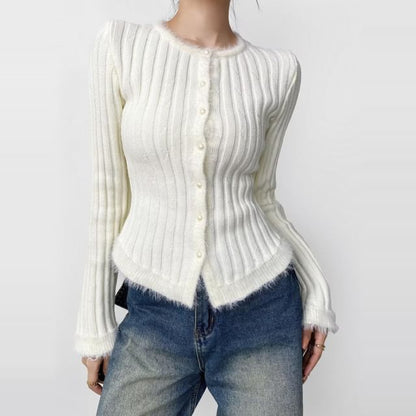Fluffy Trim Round Neck Button Up Cropped Cardigan