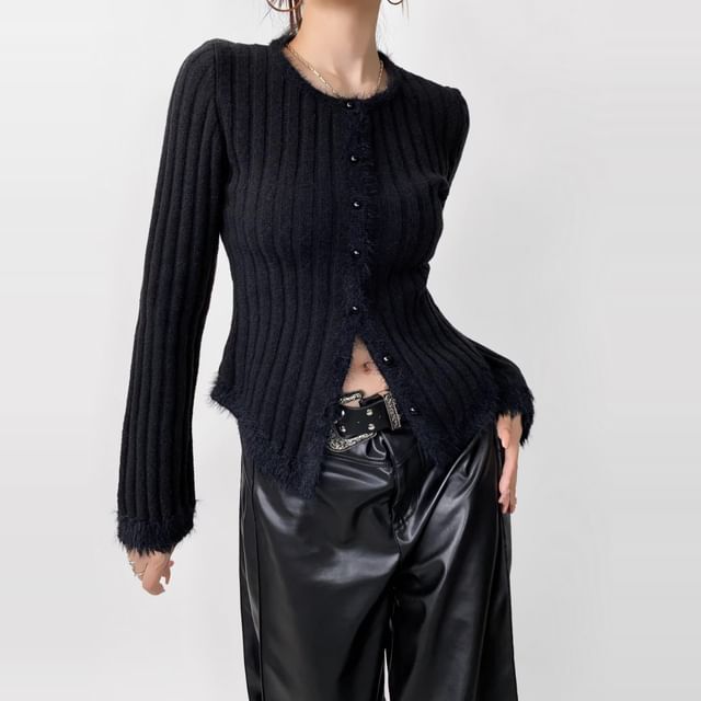 Fluffy Trim Round Neck Button Up Cropped Cardigan