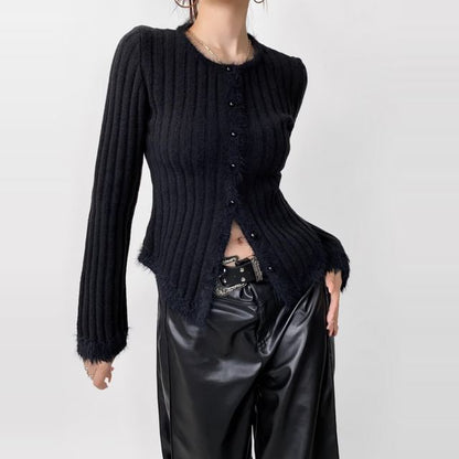 Fluffy Trim Round Neck Button Up Cropped Cardigan