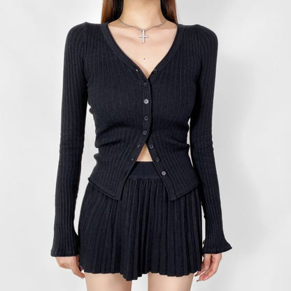 V-Neck Ribbed Knit Cardigan / Mid Rise Pleated Mini Skirt