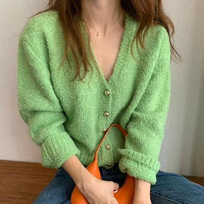 V-Neck Plain Crop Cardigan