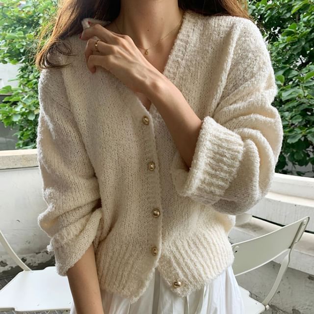 V-Neck Plain Crop Cardigan