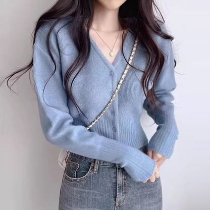 V-Neck Button-Up Plain Crop Cardigan