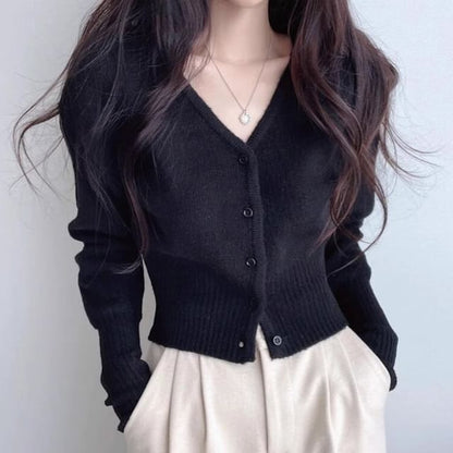 V-Neck Button-Up Plain Crop Cardigan