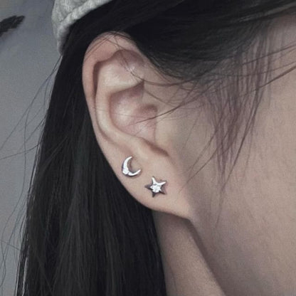Rhinestone Star Silver Asymmetrical Earring S999 Stud Moon