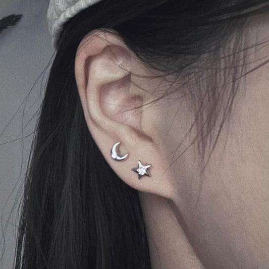 Rhinestone Star Silver Asymmetrical Earring S999 Stud Moon