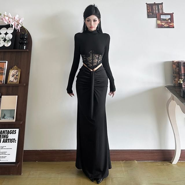 Mock Neck Asymmetrical Lace Crop Top and Ruched Fishtail Skirt