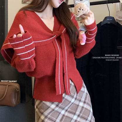 V-Neck Striped Button-Up Cardigan & Contrast Trim Knit Shawl Set