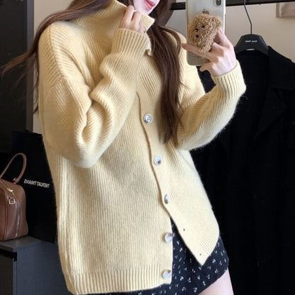 Stand Collar Plain Button-Up Cardigan