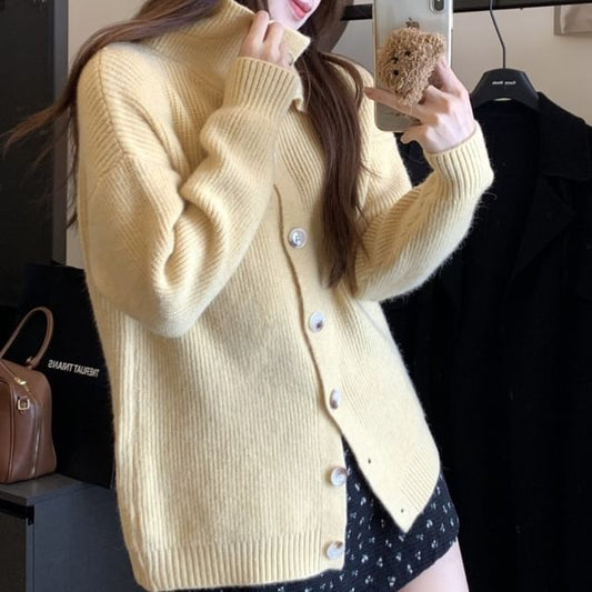 Stand Collar Plain Button-Up Cardigan