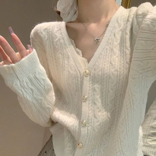 V-Neck Cable Knit Button-Up Crop Cardigan