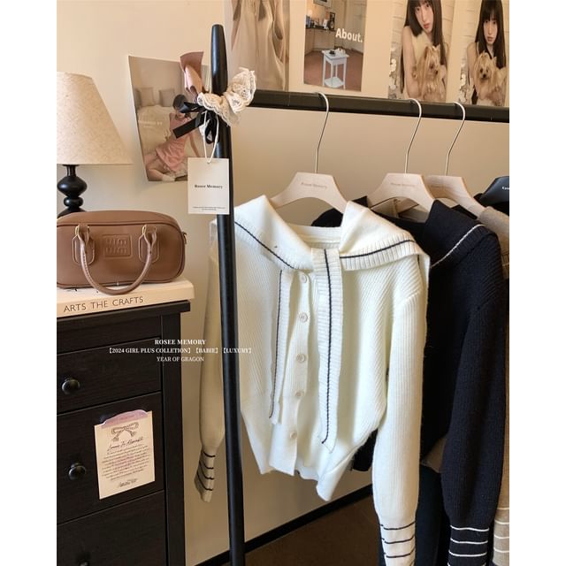 V-Neck Striped Button-Up Cardigan & Contrast Trim Knit Shawl Set