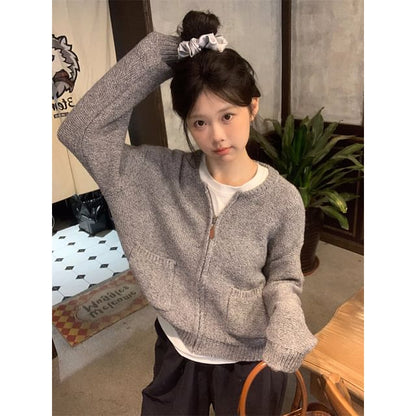 Crew Neck Zip-Up Cardigan