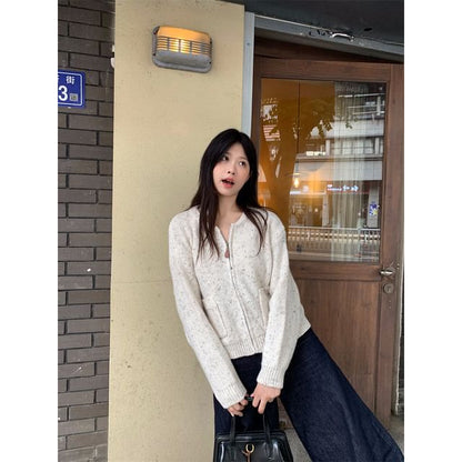 Crew Neck Zip-Up Cardigan