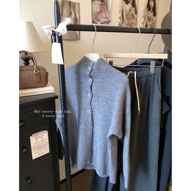 Stand Collar Plain Button-Up Cardigan