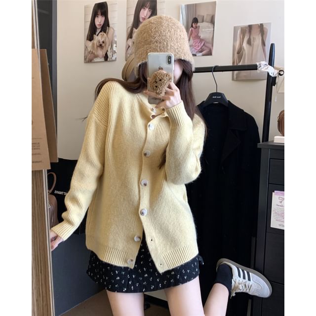 Stand Collar Plain Button-Up Cardigan