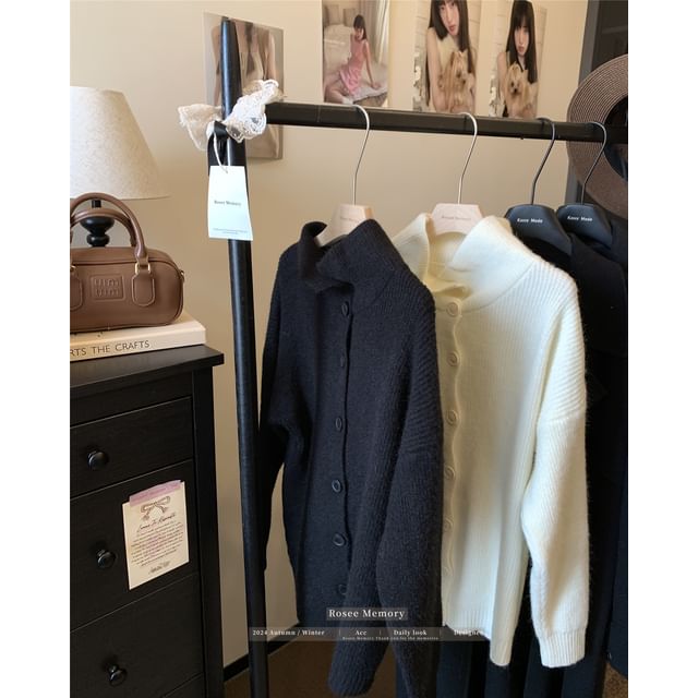 Stand Collar Plain Button-Up Cardigan