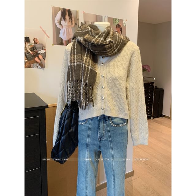 V-Neck Cable Knit Button-Up Crop Cardigan