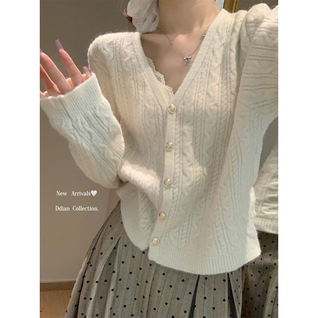 V-Neck Cable Knit Button-Up Crop Cardigan