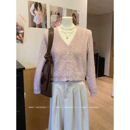 V-Neck Cable Knit Button-Up Crop Cardigan
