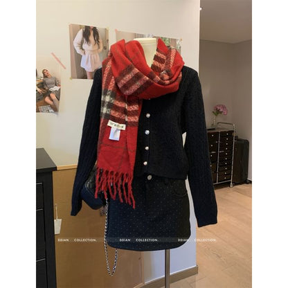 V-Neck Cable Knit Button-Up Crop Cardigan