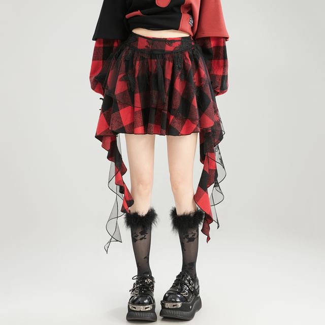 Asymmetric Plaid Mini Skirt with High Waist