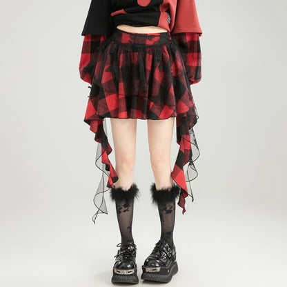 Asymmetric Plaid Mini Skirt with High Waist