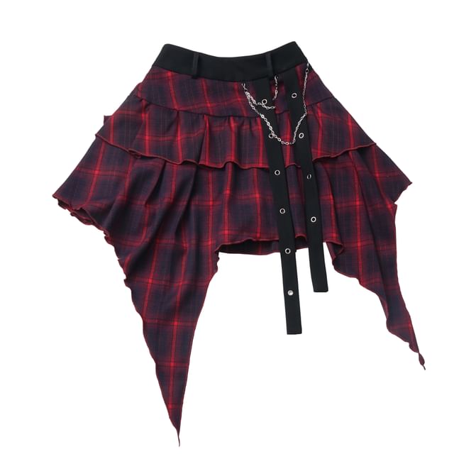 Asymmetric Ruffle Plaid Mini Skirt with High Rise
