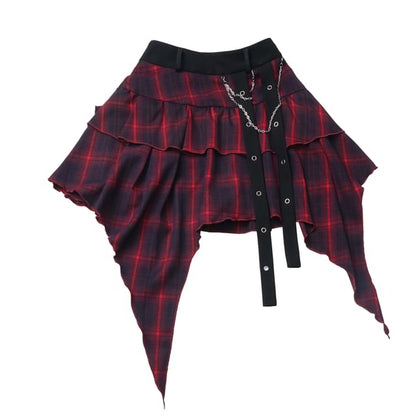 Asymmetric Ruffle Plaid Mini Skirt with High Rise