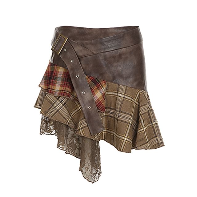 Faux Leather Plaid Mini Skirt with Buckled Lace Panel
