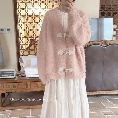 V-Neck Fluffy Toggle Button Cardigan