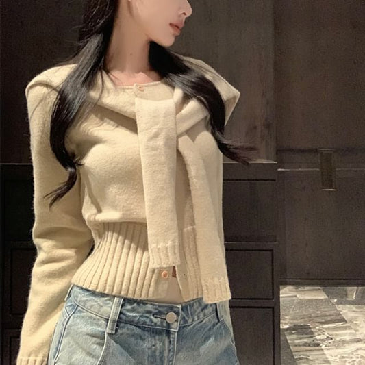 Plain Long Sleeve Cardigan & Shawl Set