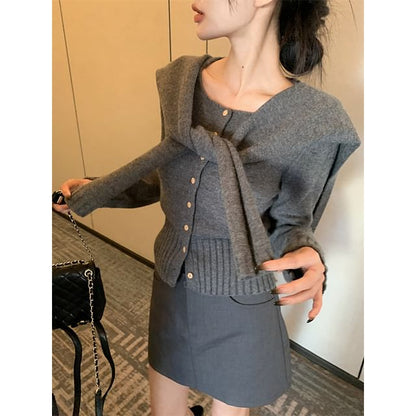 Plain Long Sleeve Cardigan & Shawl Set